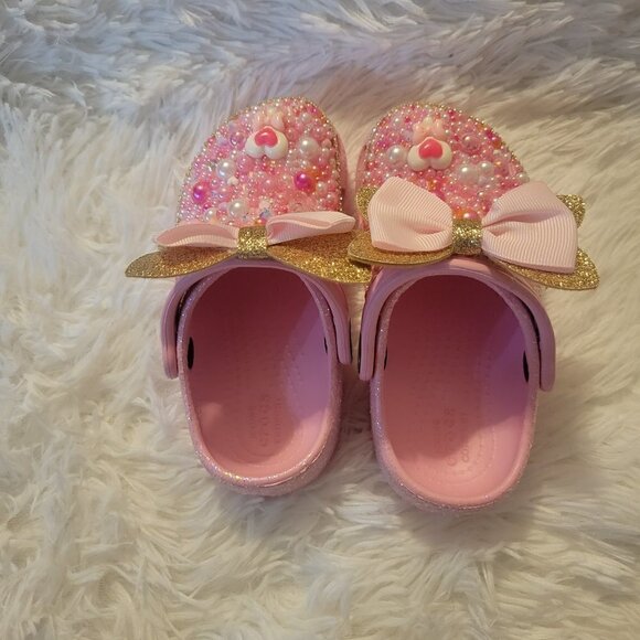 Custom Toddler Pink Tweed Glitter Crocs Pink & White Size C9 - Picture 3 of 9